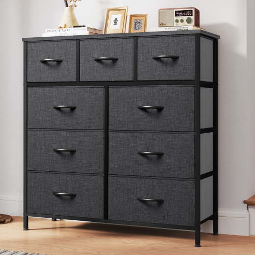 DEXTRUS 9-Drawer Fabric Dresser, Sturdy Storage with Metal Frame for Bedroom & Closet – Black Gray