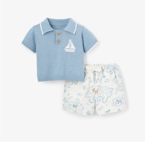 Nautical Knit Polo + Explorer Print Shorts – Elegant Baby
