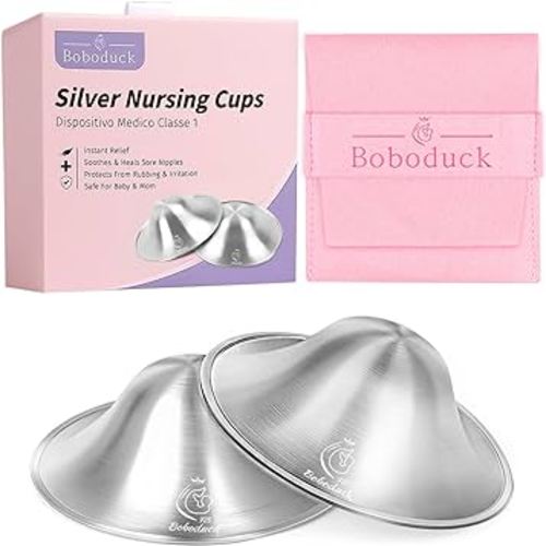 Boboduck The Original Silver Nursing Cups - 925 Silver Nipple Covers Breastfeeding - Protect and Soothe Sore Nipples - Silver Nipple Shield Guards with Soft Silicone Ring (Regular)