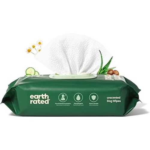 Earth Rated Pet Wipes for Dogs and Cats, Hypoallergenic, 3-in-1 Cleaning, Deodorizing and Hydrating, for Grooming Paws, Body and Butt, Unscented, 100 Count