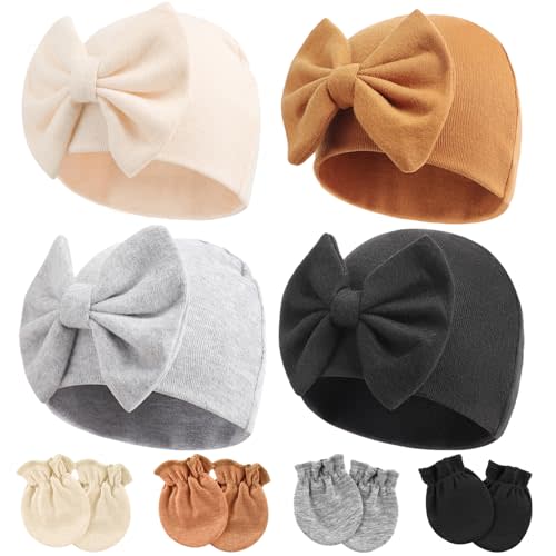 Newborn Baby Hats and Mittens Set Infant Bow Beanie Cap Toddler Gloves Newborn Hospital Hats for Baby Boy Girl 0-6 Months