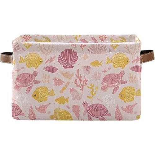 Aslsiy Storage Basket Ocean Life Turtle Nursery Bins Pink Fish Seashell Baby Box Canvas Clothes Shelf Basket Laundry Hamper 1 Pcs
