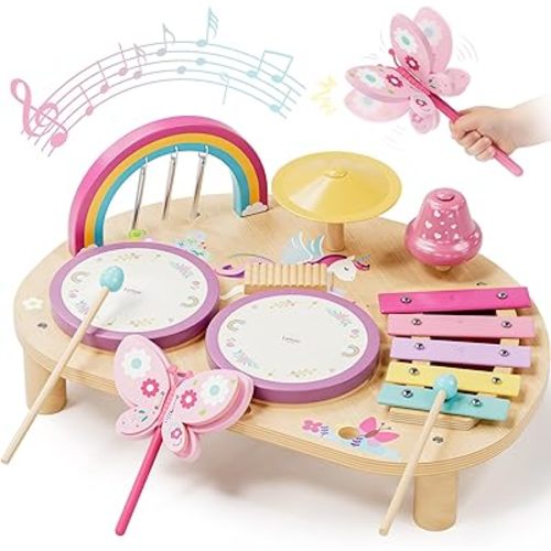 Lehoo Castle Toddler Drum Set, Unicorn Montessori Music Toys with Xylophone, 7 in 1 Wooden Musical Instruments for Toddlers 1-3, Baby Drum Set Educational Birthday Gift for 12-18 Months Girl