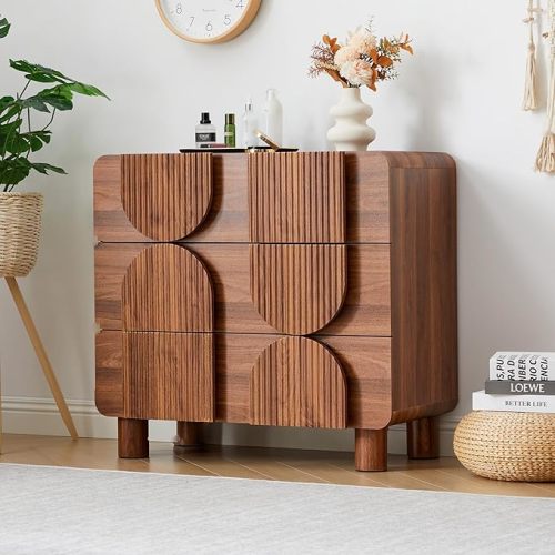 3 Drawer Dressers for Bedroom, 31.5" Wide Large Mid Century Modern Fluted Nightstand, Wood Dresser & Chest of Drawers with Curved Profile for Living Room, Entryway, Hallway, Walnut