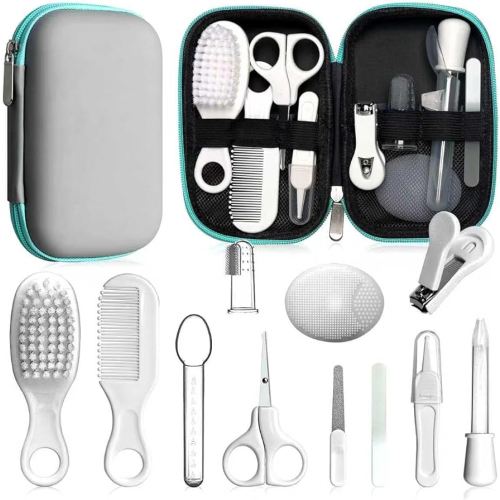Baby Grooming Kit - Nursery Essentials Baby Registry Shower Gift for Newborns, Infants, Toddlers, Boys, Girls Kids-Safety Baby Comb, Brush, Finger Toothbrush, Nail Clippers, Scissors (Grey White 12 in 1)