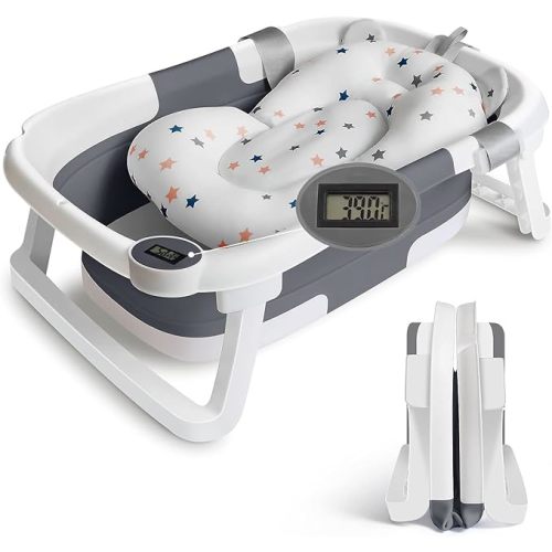 Befol Baignoire pliable pour bébés et tout-petits, baignoire de voyage portable multifonction avec trou de drainage, baignoire pliable pour nouveau-né de 0 à 36 mois (gris + coussin de bain flottant