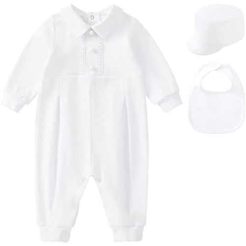 pureborn Unisex Baby Jumpsuit Infant Boys Girls Cotton Spring Fall Romper One-Piece Coverall Baptism Outfit White 0-24 Months