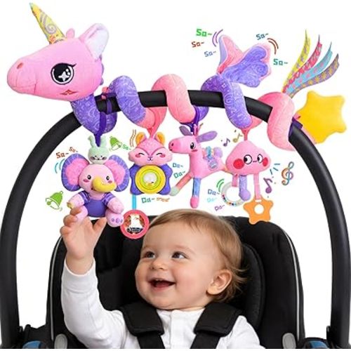 Musical Car Seat Toy for Babies 0-12 Months Girl, 5-in-1 Sensory Activity Hanging Toy Stroller Toy with Soothing Music, Rattle, Mirror for Newborn Infants Essential Gifts, Unicorn