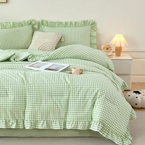 RYNGHIPY Full Gingham Ruffled Comforter Set 5 Pcs Green Plaid Bed Set