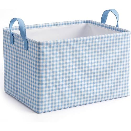 Hushee Blue Gingham Basket Checkered Storage Collapsible Bin with Handles