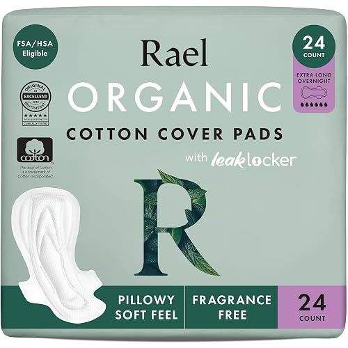 Rael Organic Cotton Cover Sanitary Pads for Women (XL Overnight, 24 Ct)