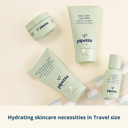 Pipette Baby Travel Kit - Trial Size Toiletries, Baby Gift Set, Hypoallergenic, Free of Synthetic Fragrances, Cruelty-Free, 4 Products + Travel Pouch - Green
