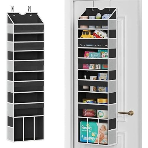 Over The Door Organizer Hanging - 6 Shelf Over Door Organizer with 6 Clear Front & 12 Side Pockets - 50LB Load Behind Storage for Closet Bedroom Bathroom Nursery Baby Essentials(Black)
