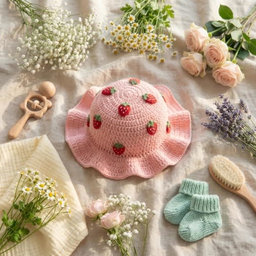 Crochet Strawberry Bucket Hat | Pink Baby Summer Sun Hat, Handmade Yarn Accessory