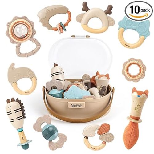 Baby Rattles & Teethers Set – Baby Toys 0-6 Months, Teething Toys 3-6 Months, Sensory Toys with Soft Textures, Gentle Sounds & Easy-Grip Shape, Neutral Newborn Gift(10-Pack)