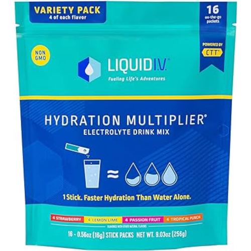 Liquid I.V. Hydration Multiplier Variety Pack – Lemon Lime, Passion Fruit, Strawberry, Tropical Punch - Hydration Powder Packets | Electrolyte Drink Mix | 16 Sticks