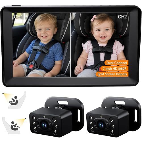 Kidsneed Split Screen Baby Car Camera for 2 Kids, 7 inch HD 1080P Car Baby Monitor with Dual Backseat Cameras, 150° Wide View, 360°Rotation, Night Vision, Rear-Facing Infant Car Seat Mirror