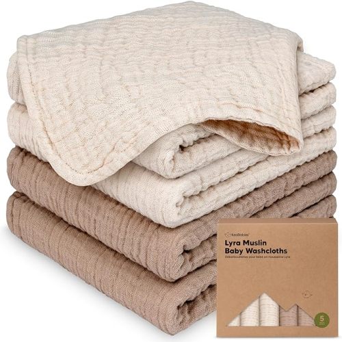 5-Pack Muslin Baby Washcloths for Newborn – 12x12" Soft Absorbent Organic Cotton Muslin Wash Cloths for Babies Girl, Boy, Infant, Toddlers, Kids Face Towel, Bath Essentials, Baby Burp Rags (Ecru)