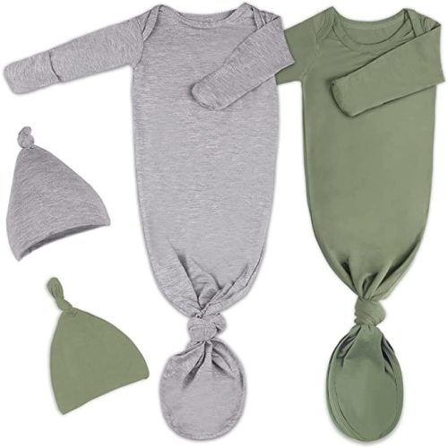 2Pk Newborn Baby Knotted Gown, Super Soft Silky Infant Long Sleeve Sleeper for Baby Sleeping with Hat or Headband (2 Packs) - Newborn-3 Months - Army Green+light Grey