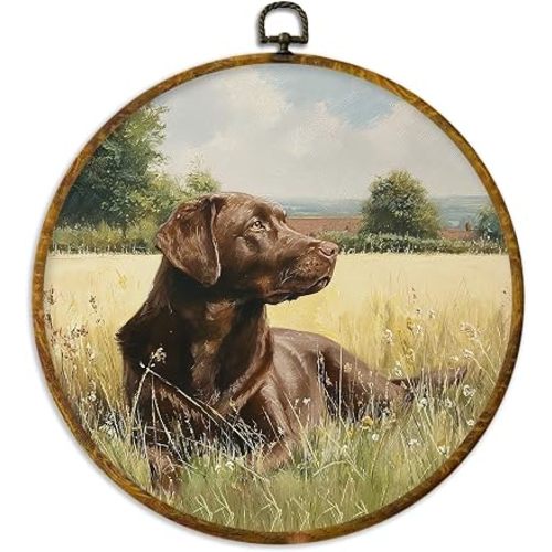 XPH Vintage Labrador Retriever Round Wall Art Framed, Chocolate Lab Gifts Circle Wall Decor, Cottagecore Farmhouse Dog Hanging Canvas Prints for Home Bedroom Living Room Decoration, 10x10 Inch