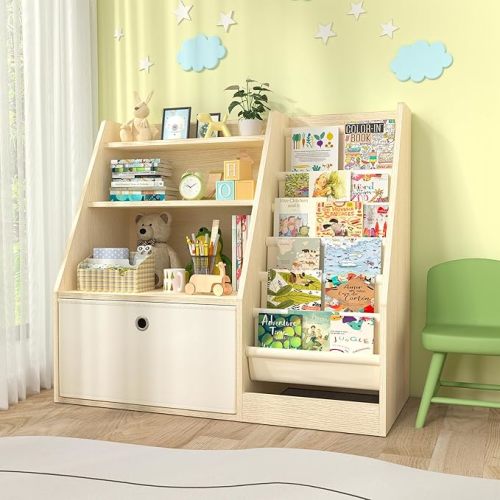 TOETOL Kids Bookshelf & Book Storage，6 Sling Wooden Toddler Book Shelf，3-Tier Wooden Open Bookcase & Storage Organizer Boxes for Nursery, Playroom, Bedroom