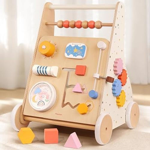 Wooden Baby Walker with Wheels Montessori Activity Push Walker Toy for Toddlers Adjustable Speed & Activity Center for Girls Boys 12M+