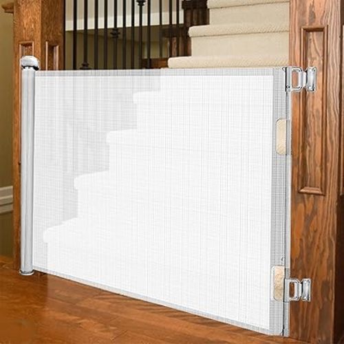 Retractable Baby Gate 33"x71"- Safety Mesh Baby Gate/Dog Gate, 33inch Tall and Extends up to 71inch Wide for Stairs, Doorways, Hallways, Banisters Indoor and Outdoor (White)