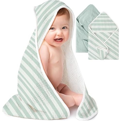 Konssy 2-Pack Muslin Hooded Baby Towels, 100% Cotton, Ultra-Soft & Absorbent Baby Bath Towels with Hood for Newborn & Infant (Green, Stripe, 32" x 32")