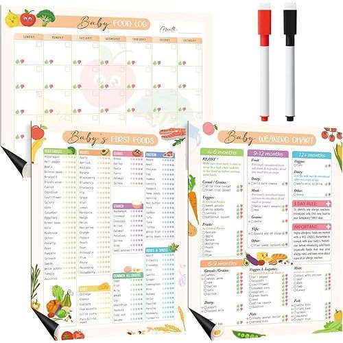 Pasimy 3 Pcs Baby's First Food Tracker Magnet Weaning Chart 11"x14" Baby Food Log Checklist Daily Meal Planner Journal with 2 Dry-Erase Markers 6 to 12 Months Newborn Fridge Recipes List Essentials