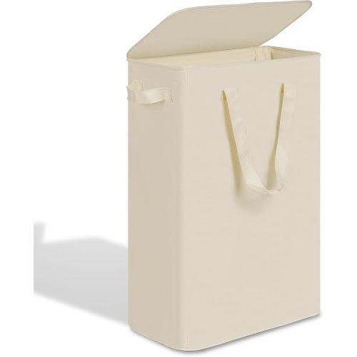 efluky Slim Laundry Basket with Lid, Narrow Laundry Hamper with Handles, Collapsible Dirty Clothes Hamper, Tall Laundry Bin for Laundry Room, Dorm and Bedroom, 55L Beige