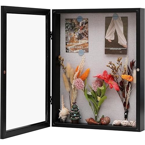 8x10 Shadow Box Frame with Linen Back, Wood Glass Display Case for Medals, Photos, Memorabilia, Awards - Pins Included- Black