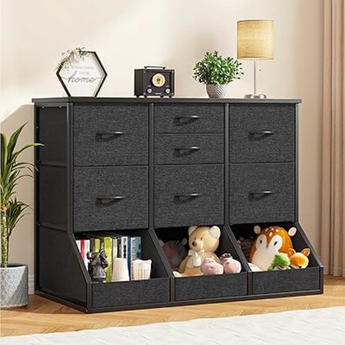 Black Dresser for Bedroom, Fabric Dresser with 7 Drawers and 3 Open Drawers, Cabinet Organizer,Dresser for Entryway,Hallway,Metal Frame & Wood Top,39.3" Wx17.7 Dx31.5 H