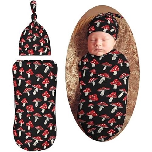 Red Mushrooms On Black Background Newborn Swaddle Blankets Hat Sets Soft Baby Receiving Blanket Swaddle Sack for Baby Shower Infant Boy Girl Gift