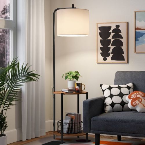 Floor Lamp with Table Natural Wood - Room Essentials™: ETL Listed, Linen Shade, Metal Body, 60" Height