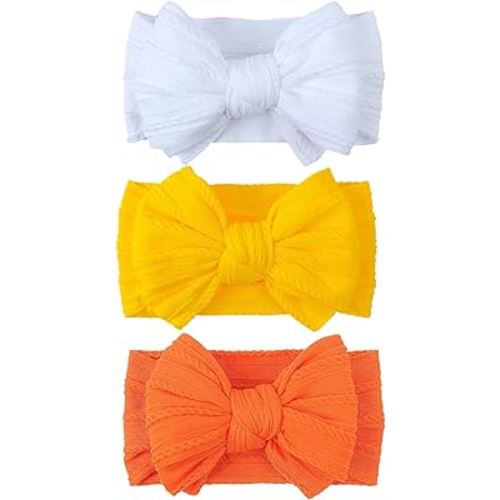 LemonSpace Handmade Baby Girls Headbands Soft Stretchy Nylon Halloween Thanksgiving Hair Accessories with Bows Fall Yellow Orange color for Newborn Baby Girls Infant Toddlers Kids(White Yellow Orange)