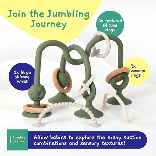 Jumble Jangle Baby Teething Toys – BPA-Free, Multi Purpose High Chair Toys & Sensory Toys for Kids with Autism: Suction Teething Relief with Sensory Toy Textures for Infants & Toddlers (Green)