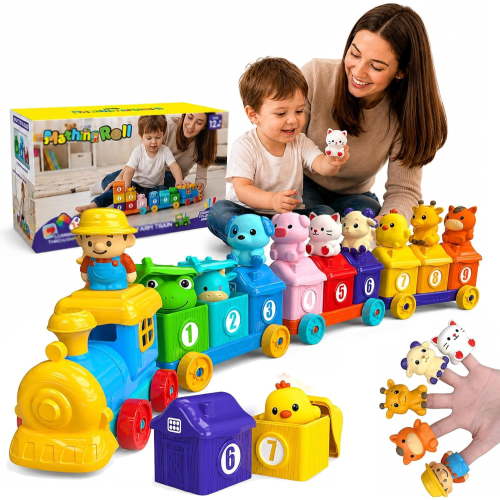 Farm Animal Matching Train Set with Numbered Cars, Animal Finger Puppets, Counting and Color Sorting,Can be Given As A Birthday Gift