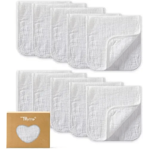 TILLYOU Muslin Burp Cloths Baby Boy Girl 20" x 10", 6-Layer Absorbent 100% Cotton Burping Cloths Large Soft, 10 Pack(White)