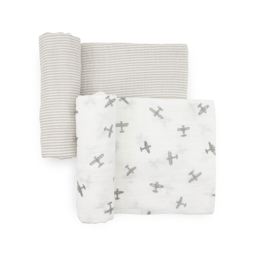 Organic Cotton Muslin Swaddle Blanket 2 Pack - Pewter Planes