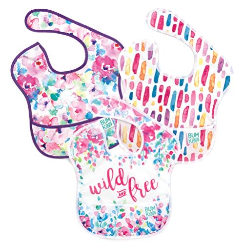 Bumkins SuperBib, Baby Bib, Waterproof, Washable, Stain and Odor Resistant, 6-24 Months, 3-Pack – Wild & Free, Watercolors, Brush Strokes