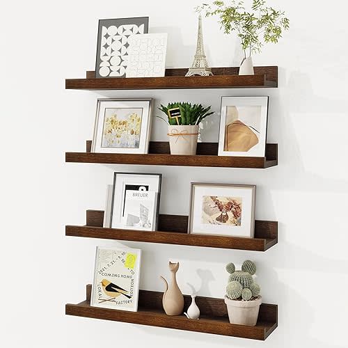 Fun Memories Picture Ledge Shelf, Solid Pine Wood Floating Shelves Set of 4, 16 Inches Nursery Book Shelves for Toys Storage, Kids Bookshelf Wall Mounted for Living Room Decor Photo Frames, Walnut