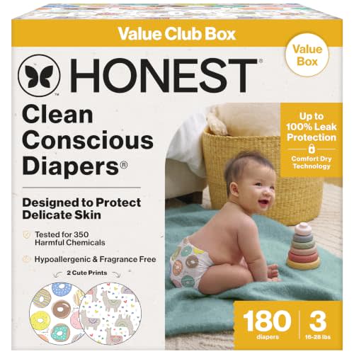 The Honest Company Diapers, Value Pack, Leak Protection, Size 3, 180 Count | Baby Diapers, Size 3 (16-28lbs), 180 Ct. Hypoallergenic, Fragrance-Free, Up To 100% Leak Protection, OEKO-TEX Certified.