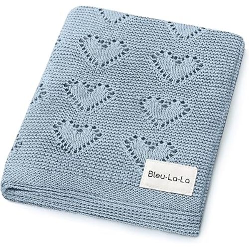 Heirloom Heart Knit 100% Cotton Knit Receiving Baby Blanket for Boys - Soft Warm Cozy Swaddle Receiving Cuddle Stroller Blanket for Newborns, Infants, & Toddlers (Sky Blue)