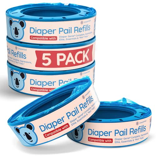 Reli. Diaper Pail Refill Bags, Compatible with Genie Complete, Expressions (5 Pack) | Pail Refills Unscented | Odor Blocking, Strong, Easy Replacement | Holds up to 1,400 Newborn Diapers