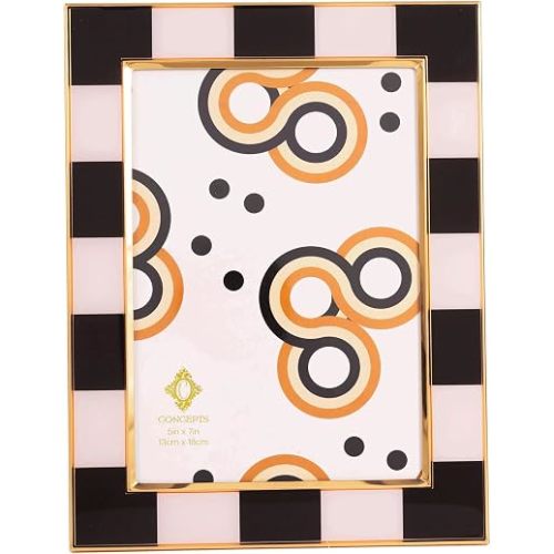 Concepts retro Gold Checkered Bordered Enamel 5x7 (Pack of 1) Black and White PictureFrame With HD Clear Glass- Wallhung/Tabletop, Vertically or Horizontal Extra Durable Photo Frame Display