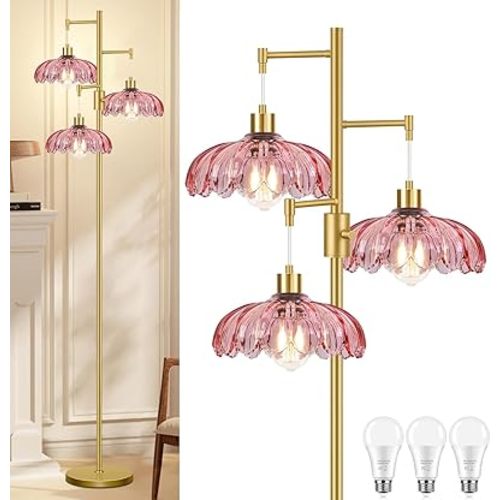 Gold Floor Lamps for Living Room-3 Light Dimmable Floor Lamp with Three Bulbs & Glass Lampshape, Mid Century Modern Standing Lamp Tree Tall Flower Floor Lamp for Bedroom Living Room,Corner