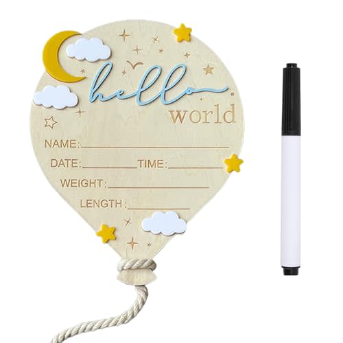 Baby Announcement Sign, ​5.9 Inch Wooden Hello World Newborn Signs, Birth Announcement Sign, Hot Air Balloon and Moon Decoration, Welcome Newborn Arrival to World, Hospital Nursery for Baby (Blue)