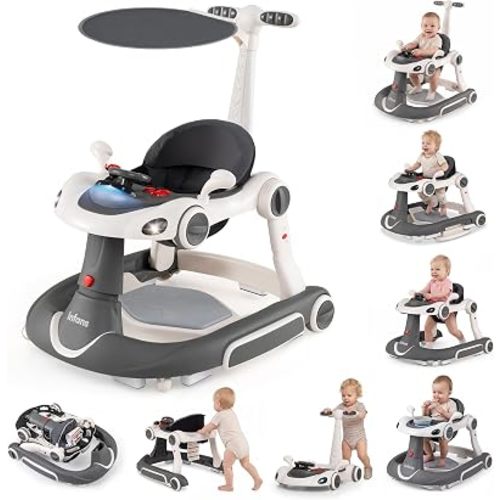 INFANS 9-in-1 Foldable Baby Walker with Handle, Sun Canopy, Gray White