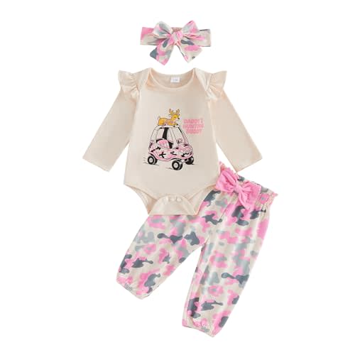 GOOCHEER Newborn Baby Girl Fall Outfit Deer Daddys Hunting Buddy Ruffle Long Sleeve Romper Shirt Camo Pants 3Pcs Clothes Set