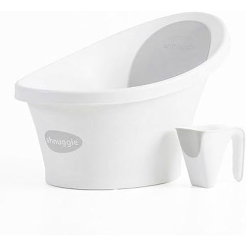 Shnuggle Newborn Bath Essentials Bundle | Baby Bath with Support Bump and Soft Backrest & Rinse Jug | Safe, Gentle, and Stylish Bathtime Set for Babies & Toddlers | White/Grey